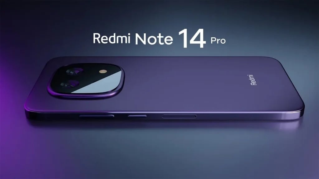 The Redmi Note 14 Pro rear view in the lavender purple colour option
