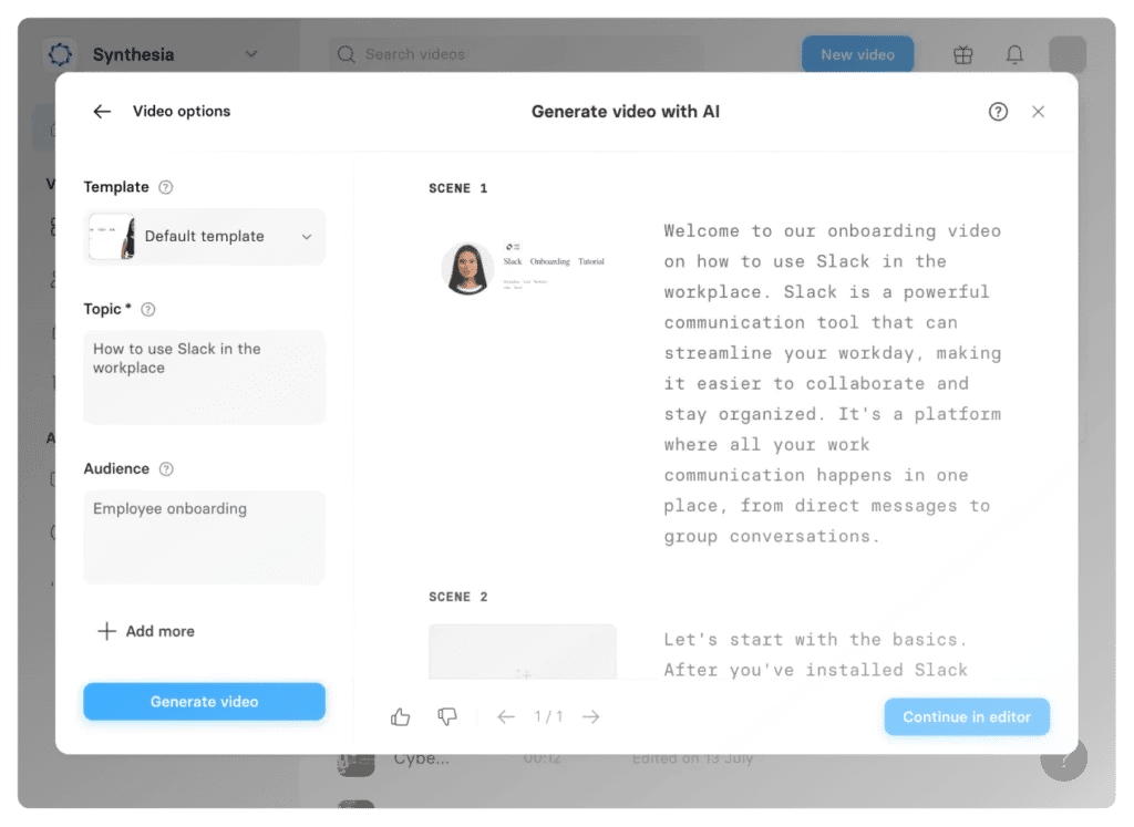 Synthesia text-to-speech tool for AI voice over generation.