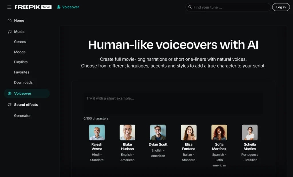 Freepik AI text-to-speech tool for voice over generation.
