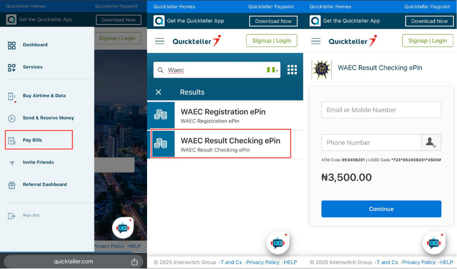 Quickteller app to buy WAEC scratch card online