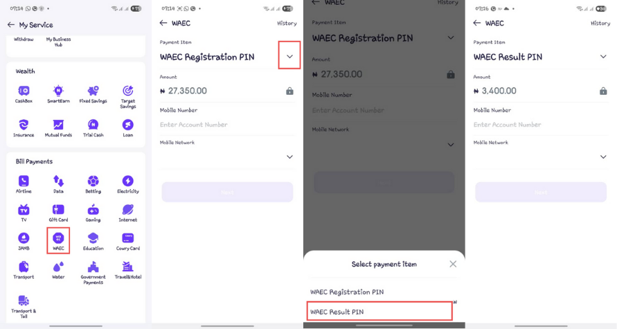 Palmpay to buy WAEC scratch card online