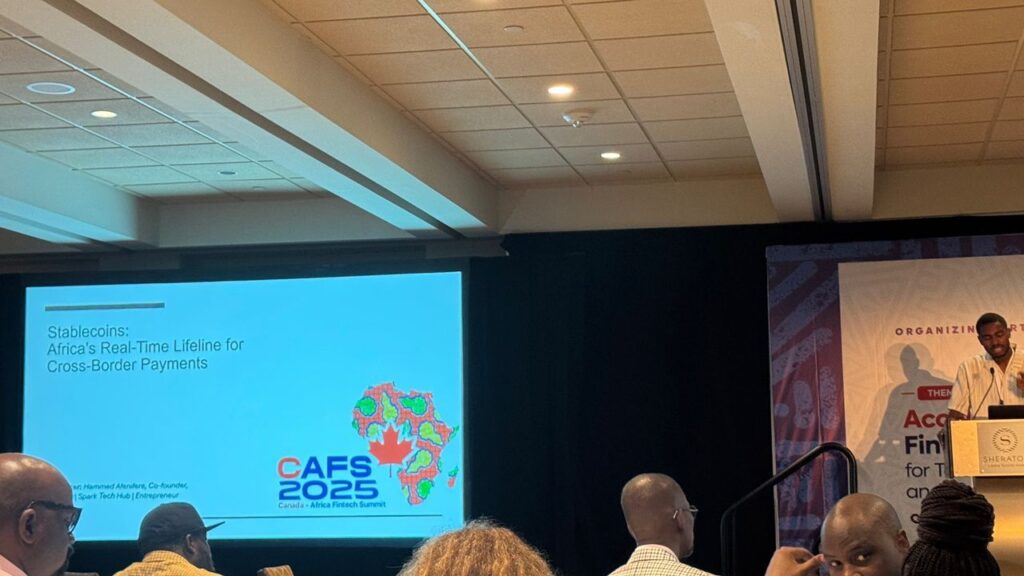 Showing Afenifere presenting a slide on Stablecoins for cross-border payments in Canada