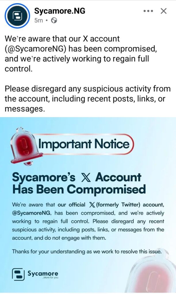 Sycamore's X account has been compromised