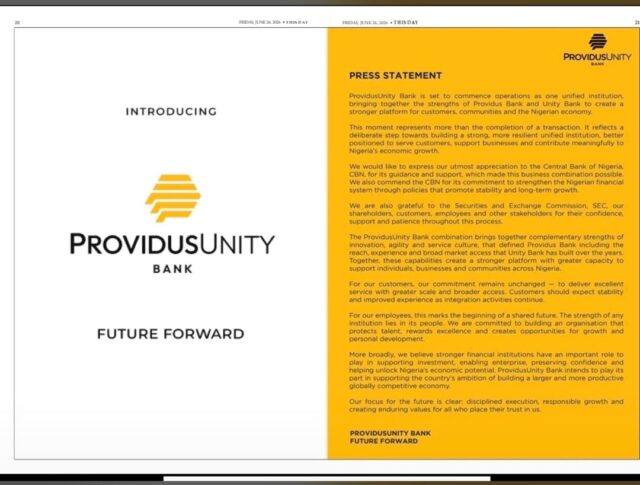Providus, Unity Bank complete merger as ProvidusUnity Bank