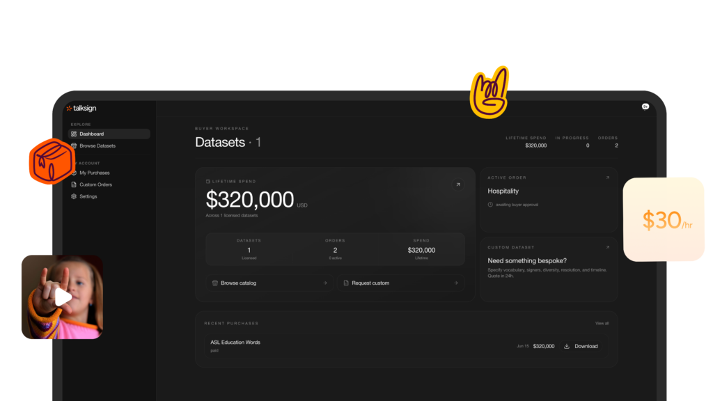 Talksign Marketplace interface for licensing sign language datasets
