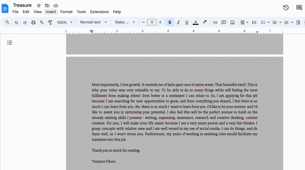 An excerpt from the essay she wrote to Peace Itimi of Founders Connect.