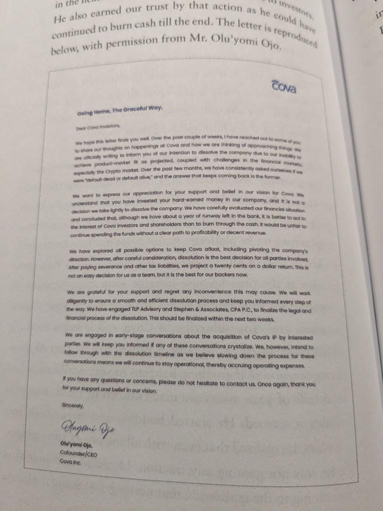 A screenshot of Ojo's letter to Cova's investors