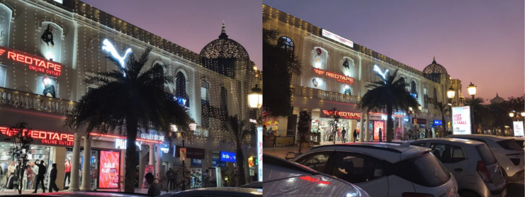 Redmi Note 14 Pro camera sample images showing 2x zoom, and ultra-wide camera shots in lowlight.